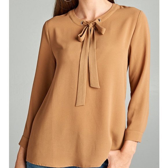 Front Tie Neck Crepe Blouse Top Off White - Picture 8 of 9